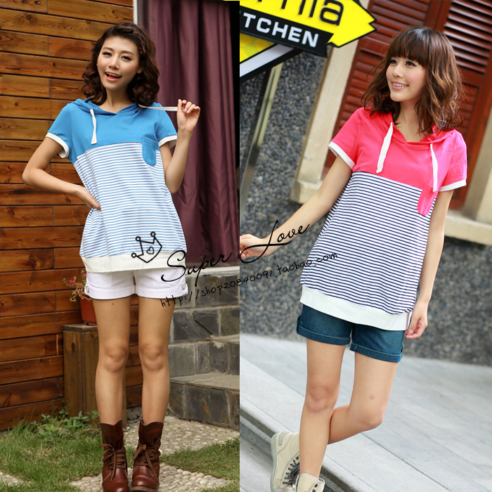 Maternity clothing new arrival summer with a hood stripe patchwork casual maternity top t-shirt ys292801