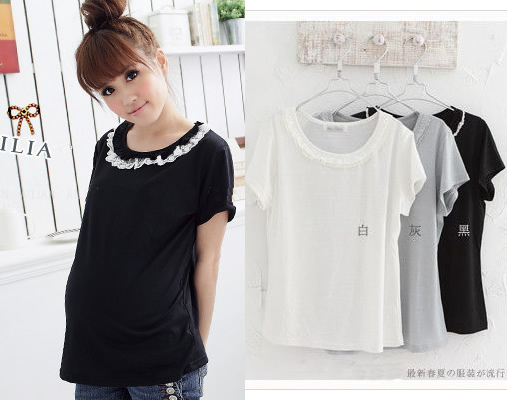 Maternity clothing ruffle lace collar plain basic maternity top