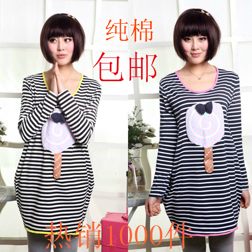 Maternity clothing spring 100% cotton plus size stripe maternity t-shirt maternity dress long-sleeve pullover sweatshirt