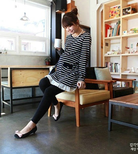 Maternity clothing spring and autumn black and white stripe maternity t-shirt lace decoration maternity dress