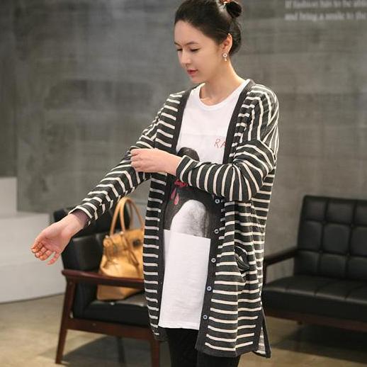 Maternity clothing spring and autumn maternity cardigan fashion all-match stripe top knitted cotton cardigan