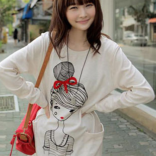 Maternity clothing spring and autumn top white o-neck long-sleeve T-shirt meatball head girl