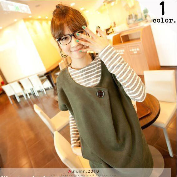 Maternity clothing spring medium-long casual twinset upperwear maternity stripe t-shirt mustard green top