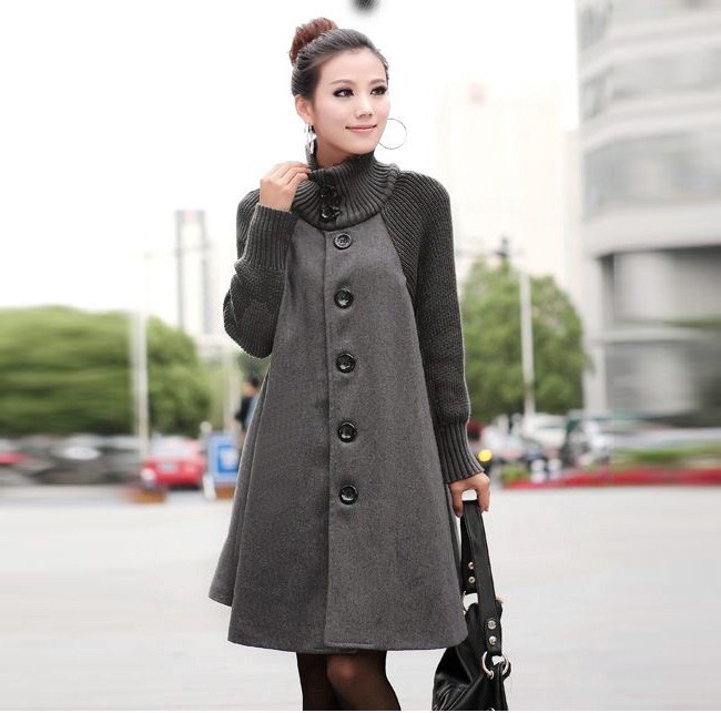 Maternity clothing stand collar rib sleeve thickening knitting wool trench outerwear overcoat plus size maternity clothing