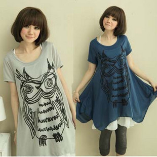 Maternity clothing summer fashion owl twinset short-sleeve T-shirt loose plus size t-shirt maternity long design dress