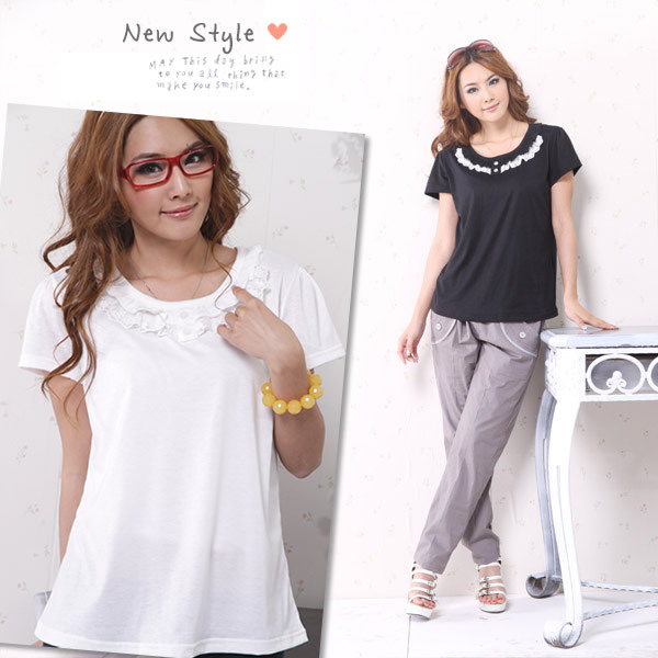 Maternity clothing summer maternity short-sleeve T-shirt lace collar summer all-match maternity upperwear