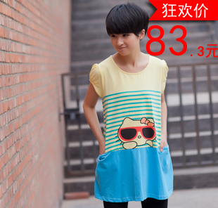 Maternity clothing summer new arrival maternity short-sleeve T-shirt stripe cartoon long design short-sleeve T-shirt 12212