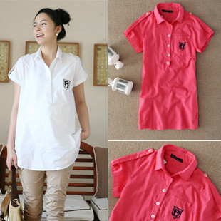 Maternity clothing summer short-sleeve r embroidered logo maternity turn-down collar shirt top maternity 100% cotton