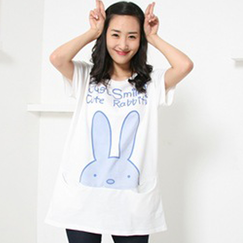 Maternity clothing summer top maternity T-shirt short-sleeve shirt plus size rabbit ears pocket cotton shirt long design