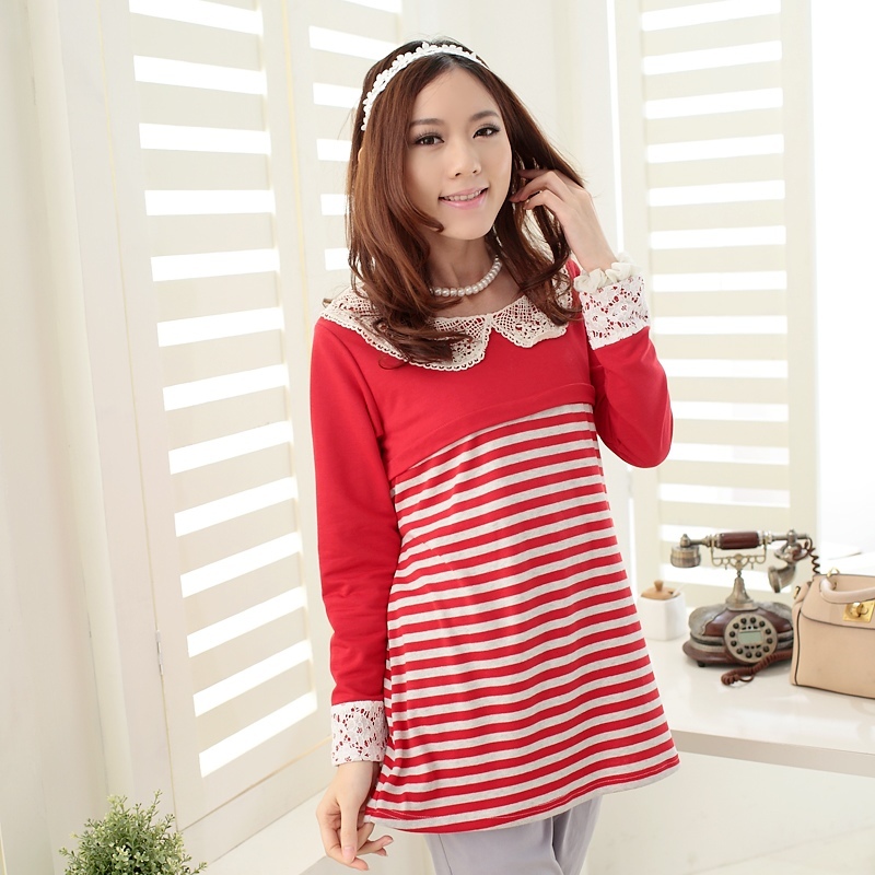 Maternity clothing sweet lace doll stripe color block decoration nursing long-sleeve top