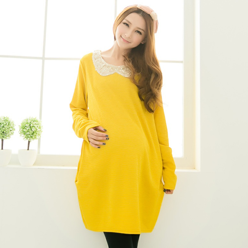 Maternity top spring long-sleeve top maternity long design t-shirt laciness paillette princess o-neck