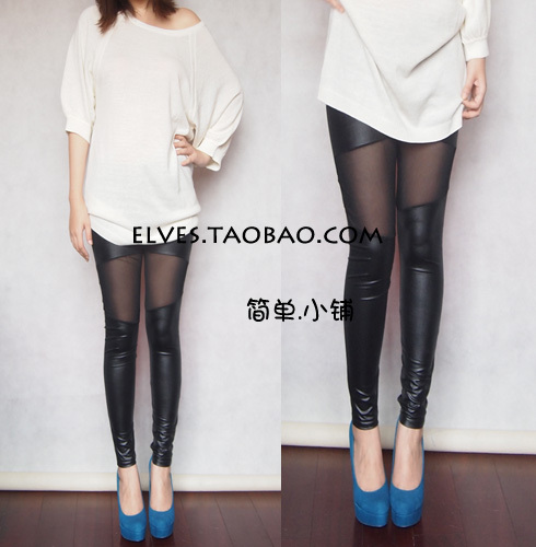 Matt black 2012 tight gauze patchwork faux leather legging plus velvet pants female