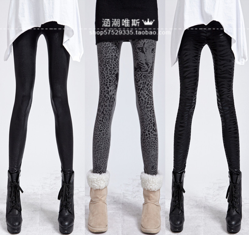 Matt faux leather pants patchwork legging tight autumn and winter fashion leopard print faux leather legging female japanned