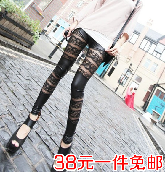 Matt faux leather patchwork lace legging sexy plus size clothing slim pencil pants