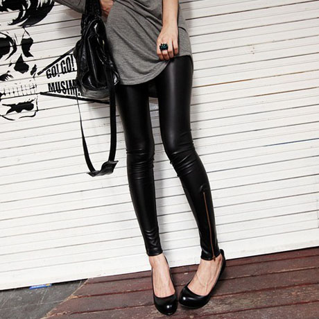 Matte imitation leather zipper nine points leggings ms han edition feet pants show thin thin paragraph nine minutes of pants