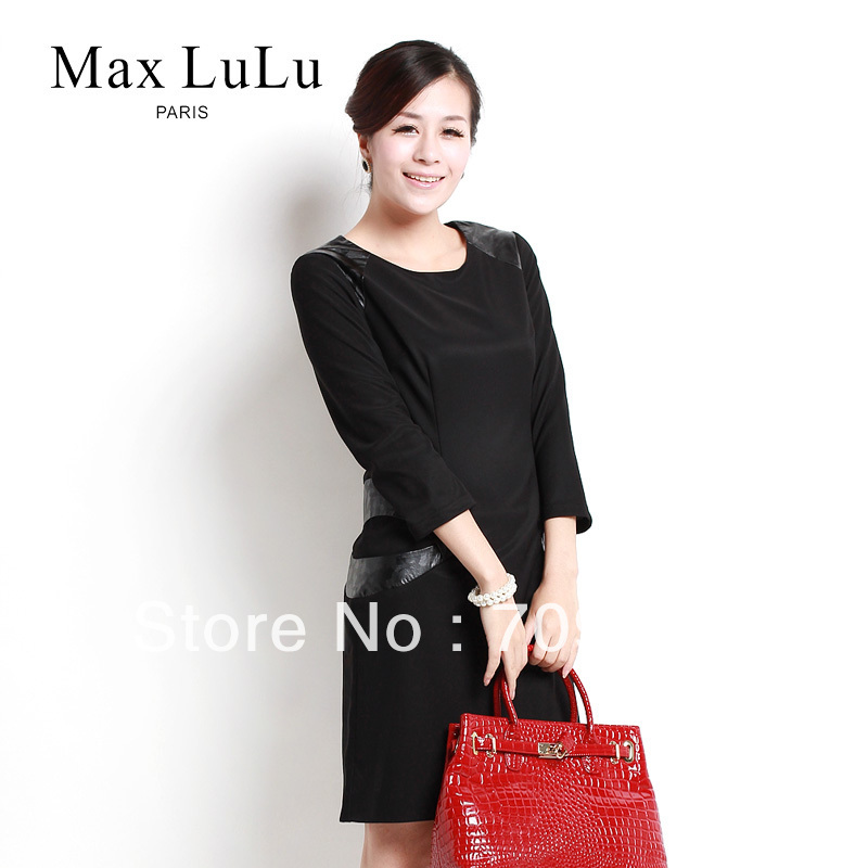 Maxlulu one-piece dress brief long-sleeve medium skirt patchwork leather decoration black red