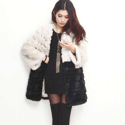 Mcoo 2012 black-and-white patchwork plaid faux long-sleeve o-neck medium-long outerwear overcoat