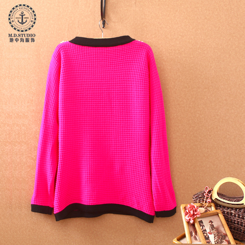 Mdstudio 2013 spring new arrival small o-neck long-sleeve bordered pearl knitted sweater top