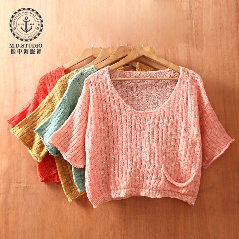 Mdstudio spring and autumn female V-neck cutout sweater pocket short-sleeve loose pullover