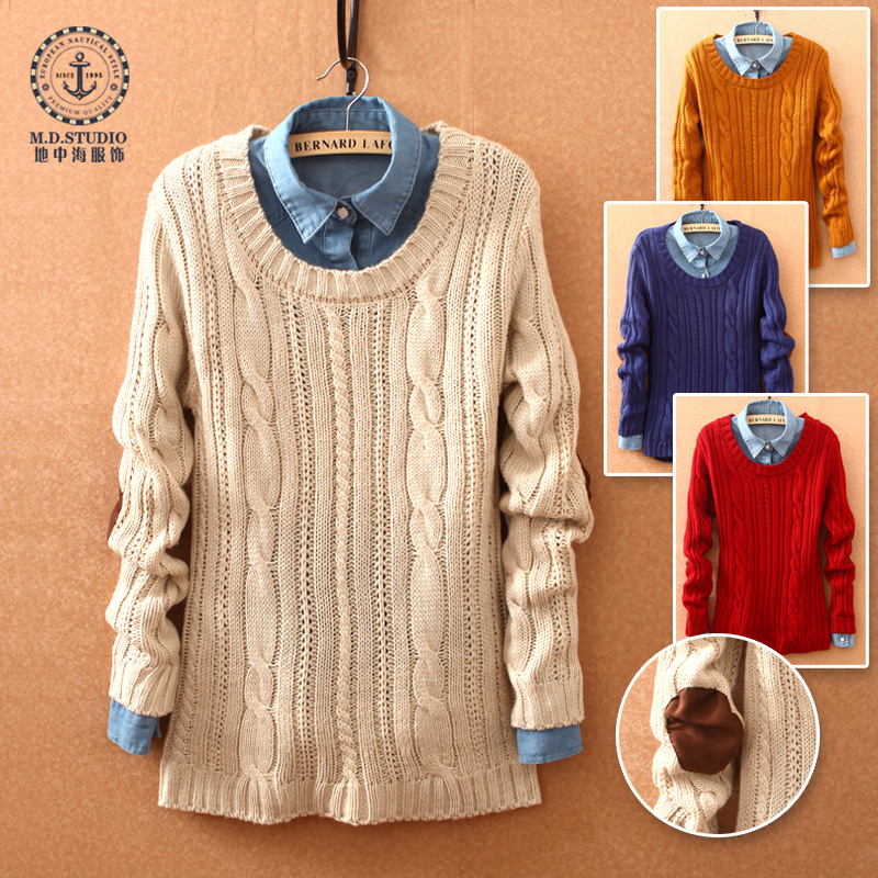 Mdstudio spring and autumn women's vintage twisted patches o-neck slim basic sweater pullover