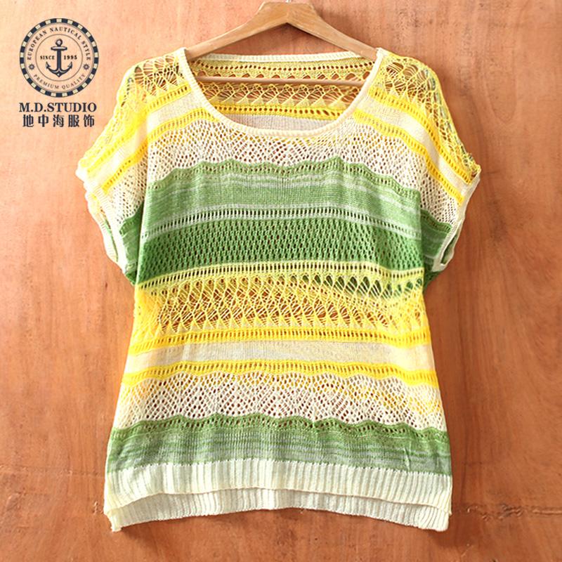 Mdstudio summer fashion cutout perspectivity of the waves o-neck sleeveless pullover stripe sweater