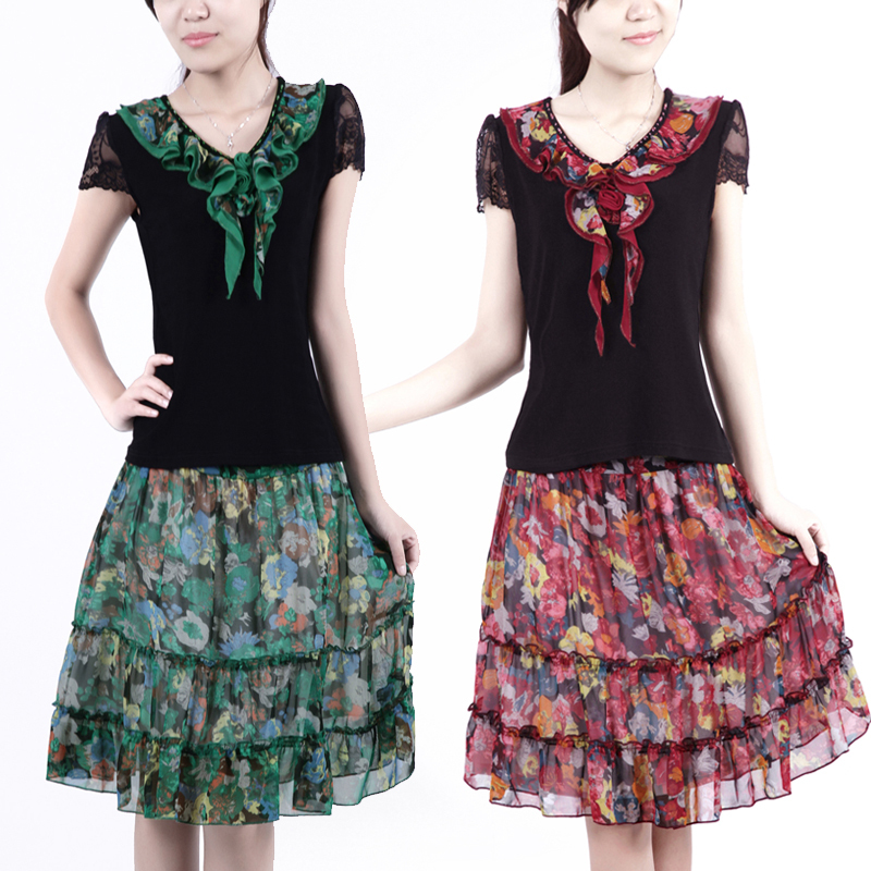 Medium-large 2012 new arrival summer short-sleeve plus size one-piece dress mm chiffon knitted twinset skirt