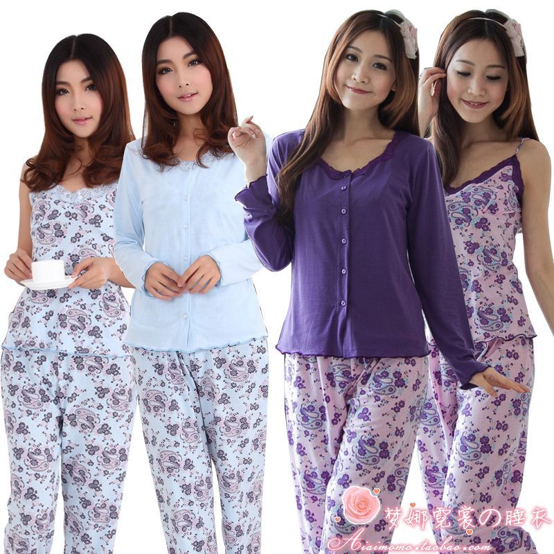 Medium-large autumn and winter Women three piece set sleepwear sexy long-sleeve 100% cotton women's lounge set