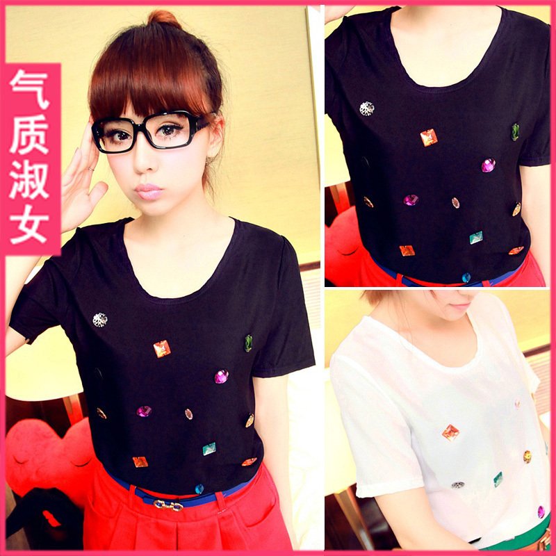 Medium-large women's 2012 summer vintage multicolour gem loose short-sleeve chiffon shirt a264 Free Shipping