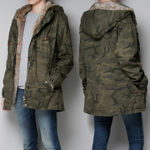 Medium-long hooded thickening slim waist zipper overcoat Camouflage chapultepec outerwear wool liner thickening cotton-padded