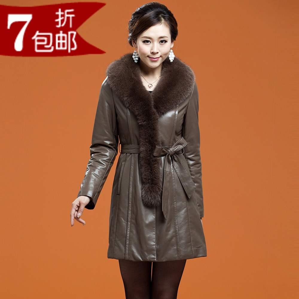 Medium-long leather clothing women's fox fur sheepskin outerwear slim genuine leather belt fur long design overcoat