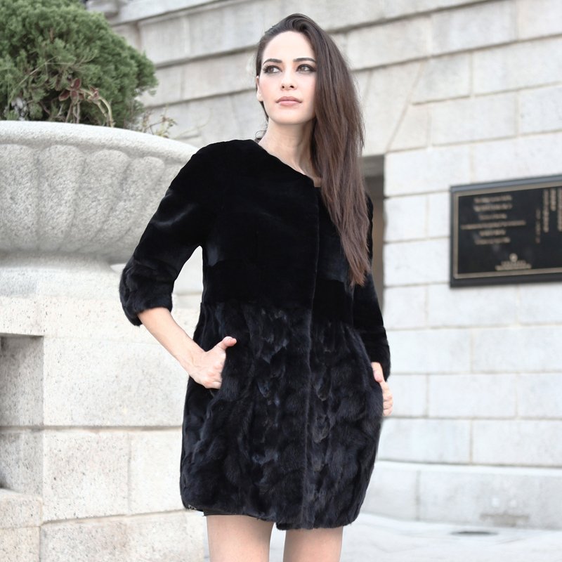 Medium-long o-neck fight mink fur coat d178