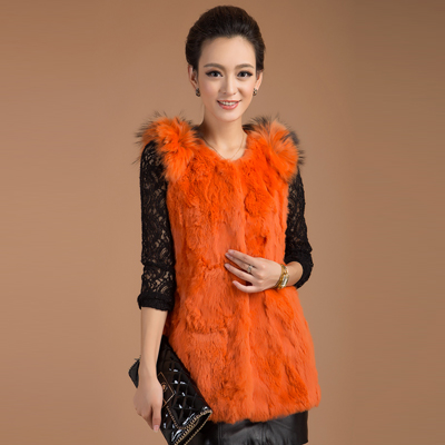 Medium-long rex rabbit hair fur vest raccoon fur slim fur coat