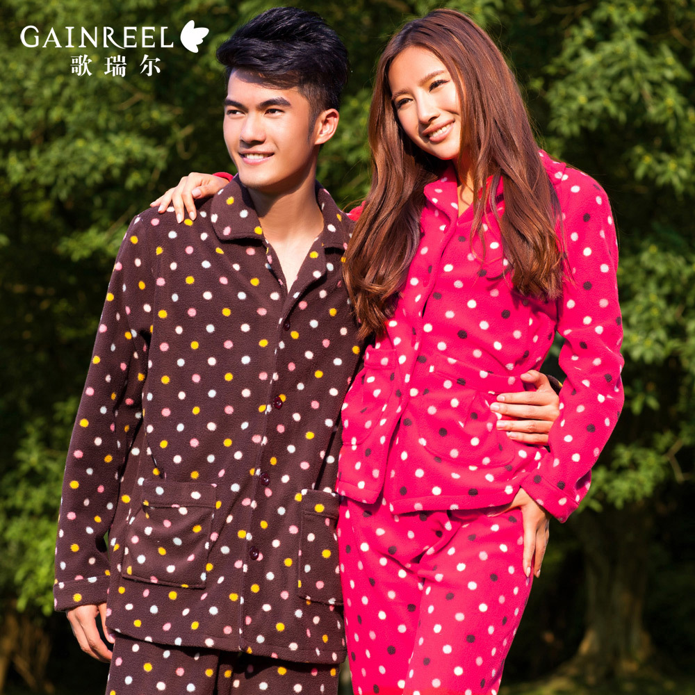 Men and women sleepwear song arrail polar fleece fabric polka dot lovers red lounge set