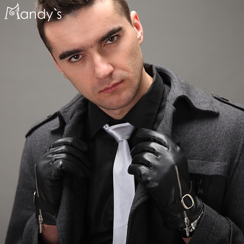 Men's genuine leather gloves oblique zipper sheepskin gloves male fashion thermal fleece lined winter thickening