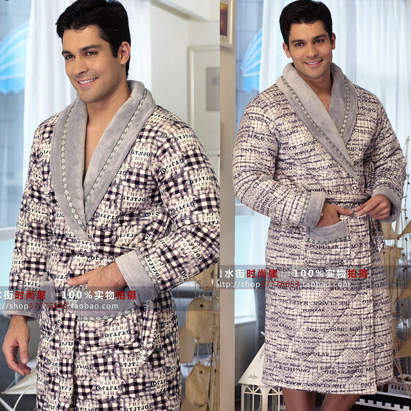 Men's lounge winter thickening thermal male robe bathrobes long design cotton sleepwear male