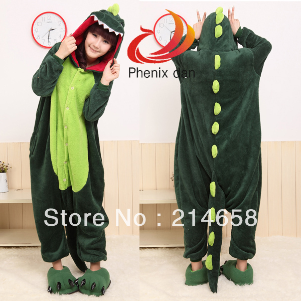 Men/Women Green Coral Velvet Dinosaur Costume Jumpsuit Hooded Pajamas Lovers Sleepwear Free Shipping