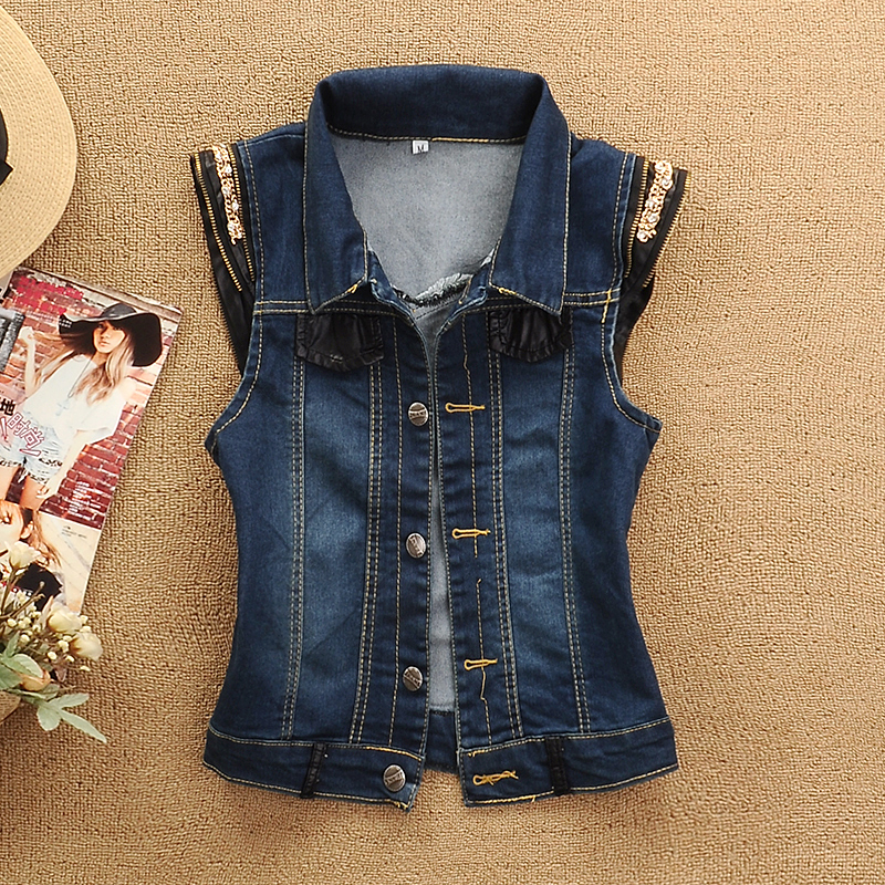 Metal Decoration On Shoulder Short Jeans Vest Lady Demin Vest New 2013 Free Shipping