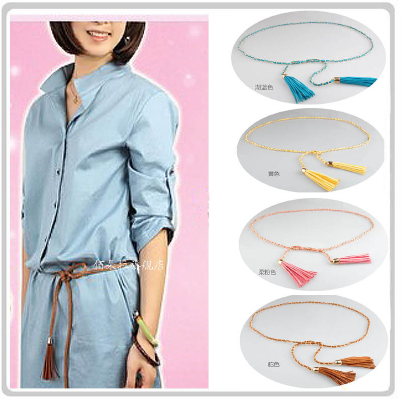 Metal tassel tieclasps belly chain genuine leather decoration women's strap all-match fashion thin belt camel