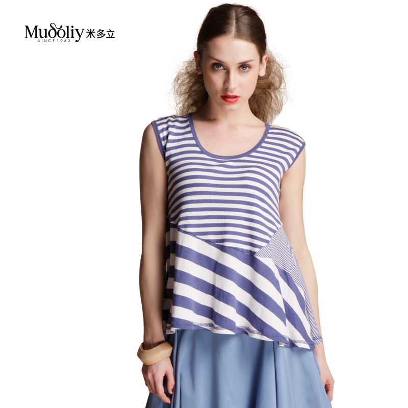 Meter 2012 autumn women's navy style shirt sweater female blue and white stripe o-neck vest sweater