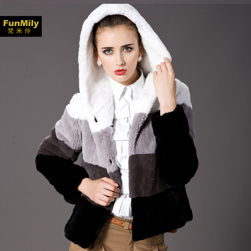 Meters fur women's 2012 fur overcoat color block rex rabbit fleece hooded fur coat