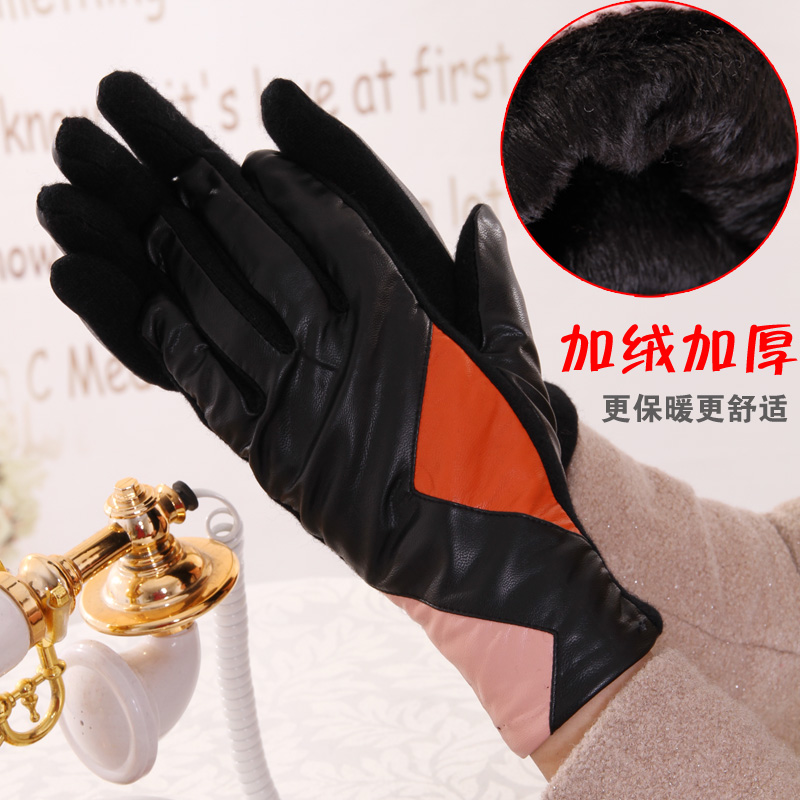 Meters leather mosaic plus velvet thickening thermal gloves autumn and winter thermal wool gloves female 6