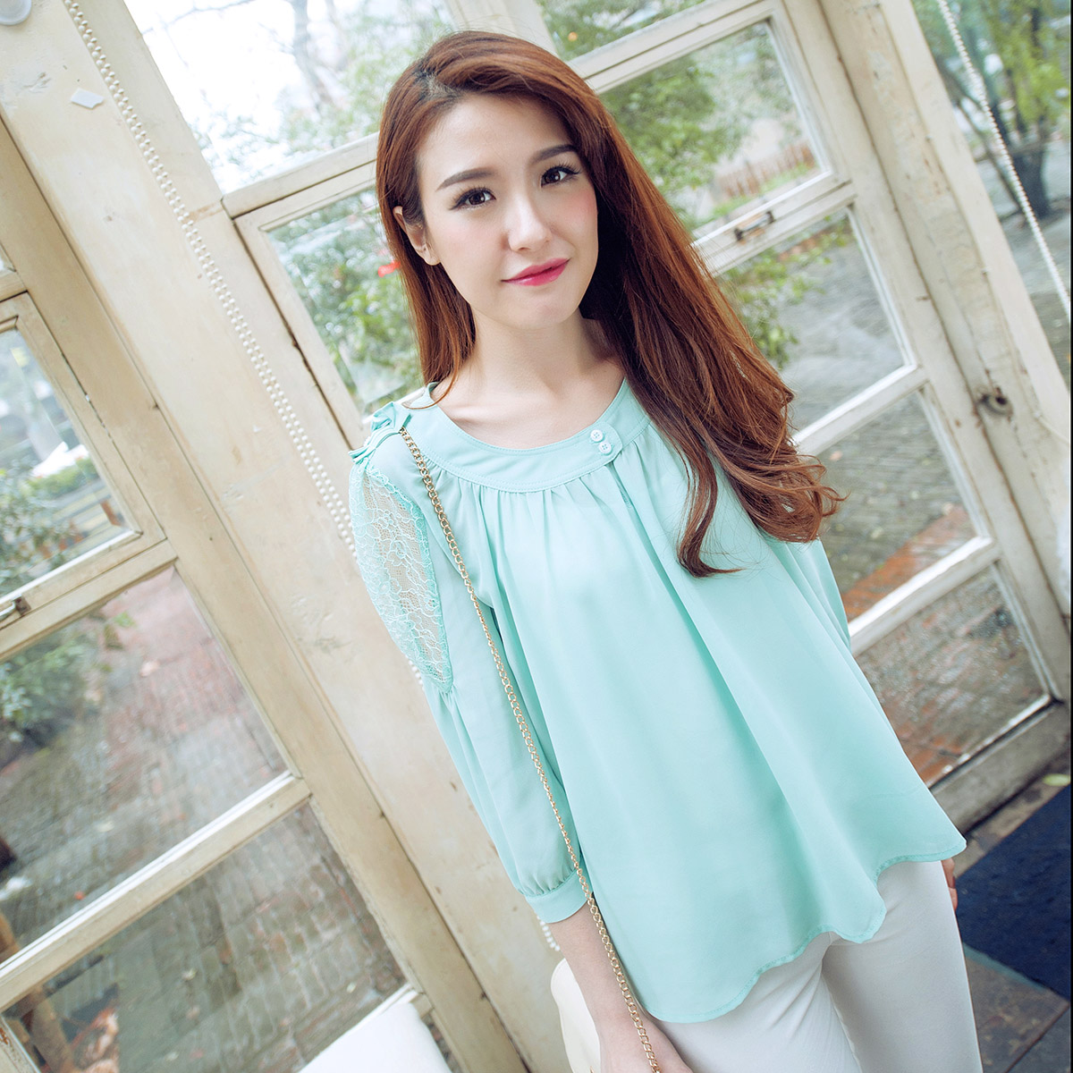 Meyeeka Iotion card spring elegant formal stand collar pullover chiffon puff sleeve shirt 3kd1002k