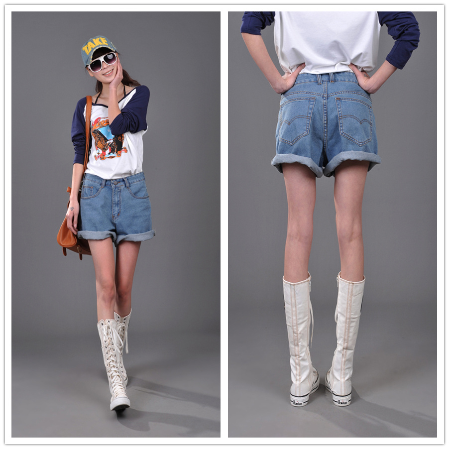 Mid waist denim shorts female wide leg pants roll-up hem light blue loose elastic 2013 summer