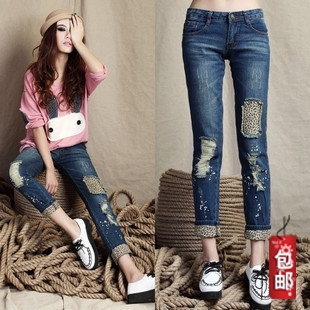 Mid waist elastic leopard print roll up hem skinny pants pencil denim trousers female