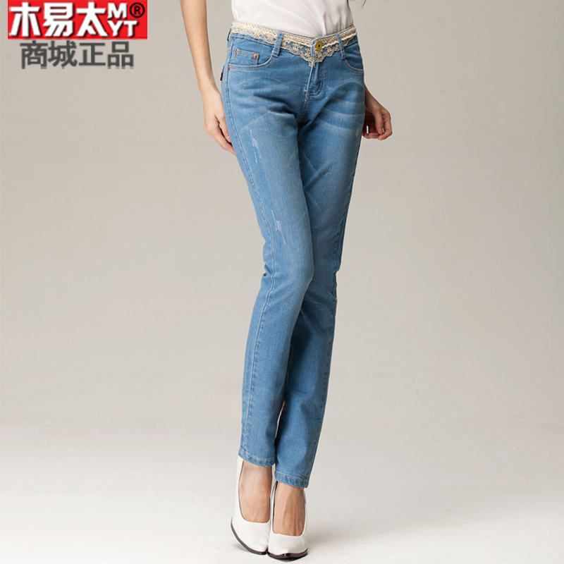 Mid waist lace decoration casual plus size denim trousers skinny pants female trousers jeans