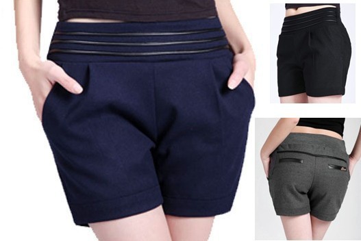 Mid waist women's straight shorts 2013 fashion, patchwork with pu fit slim shorts/bootcuts for casual/work, free shipping