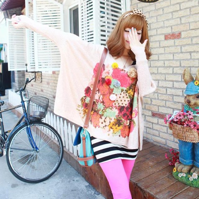 Middot . female 2012 autumn three-dimensional flower print batwing sleeve rabbit hair plus size loose sweater cardigan outerwear