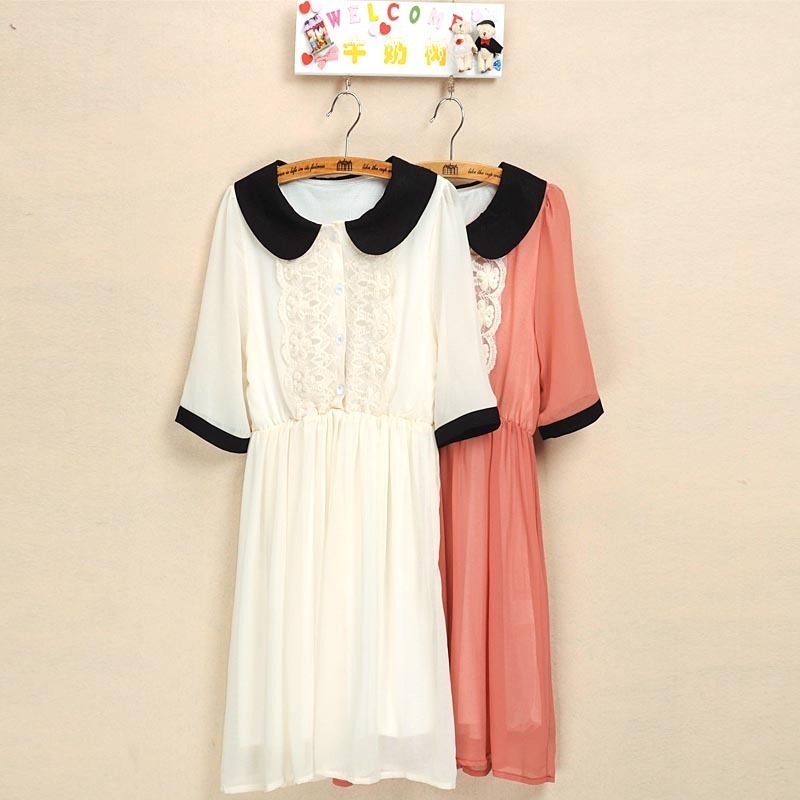 Milk 2012 women's vintage peter pan collar color block lace patchwork chiffon one-piece dress summer skirt