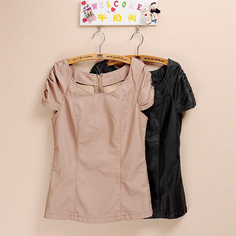 Milk autumn vintage slim PU clothing pleated short-sleeve zipper pullover leather short jacket t-shirt Women 2012