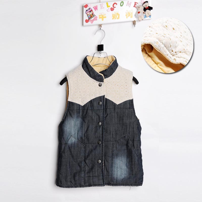 Milk cutout crochet patchwork denim vest stand collar cotton vest female vest waistcoat